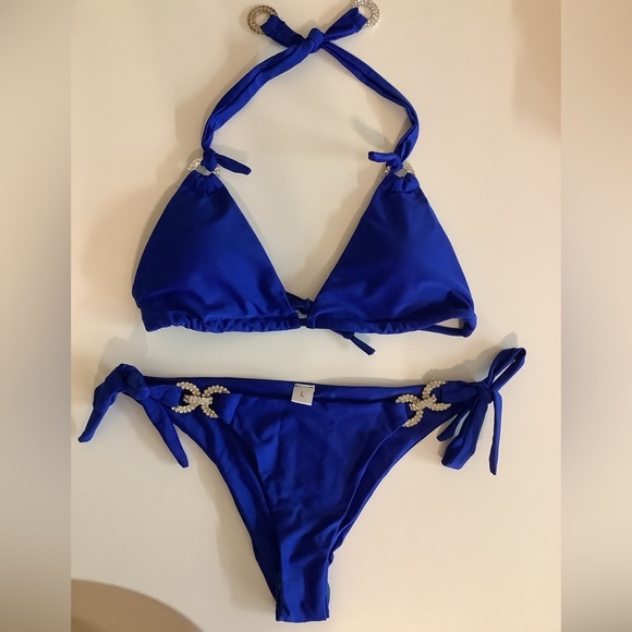 Blue Bedazzled Size Large Side Tie Bikini Set. - Picture 6 of 9